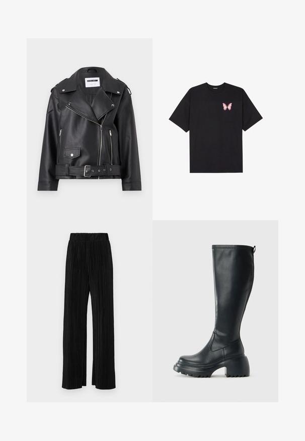 Jaqueta de motoqueiro em faux couro preto com zíperes prateados, cintura com cinto e epauletes. Apresenta um colarinho largo e fecho assimético na frente.; T-shirt de algodão preto com mangas curtas, apresentando um pequeno gráfico de borboleta rosa no lado esquerdo do peito. Design de gola redonda com um corte solto.; Calças pregueadas pretas com uma cintura elástica. Apresentam pernas largas e um tecido liso, texturizado com riscas verticais.; Bota preta de couro alta com sola de plataforma robusta e salto bloco, apresentando puxador e padrão texturizado na sola.
