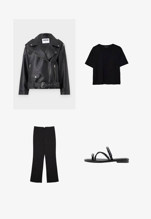 Črna cowboy jakna iz umetnega usnja s srebrnimi zadrgami, pasom in epauleti. Ima širok ovratnik in asimetrično zadrgo spredaj.; Črna kratkotrajna majica brez rokavov iz bombaža. Ima okroglo ovratnico in sproščen kroj z gladko, enostavno teksturo. Brez vidnih vzorcev ali dodatkov.; Črne hlače ravnega kroja z naglavnimi žepi in stranskimi razporki na robu. Narejene iz mehke, gladke tkanine. Primerne za različne priložnosti.; Črne ravne sandale s sijajno končno obdelavo, tremi tankimi trakovi in okroglo kovinsko podrobnostjo na prstih. Elegantna zasnova z minimalnim peto.