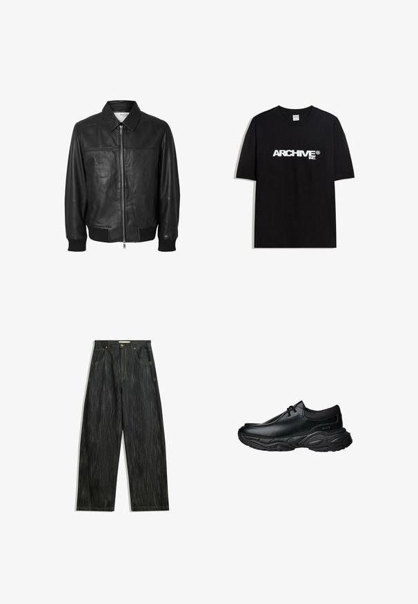 Selected Homme SLHDEON JACKET - Skinnjacka - black; Svart bomull T-shirt med en vit "ARCHIVE inc." logotyp över bröstet, korta ärmar och rundad halsringning.; Mörka denimjeans med lös passform, med subtil vertikal textur, gula sömmar, fem fickor och klassisk knappstängning.; Svarta läder slip-on skor med rund tå och tjock strukturerad gummisula. Har subtila sömmar och elastiska detaljer vid kragen.