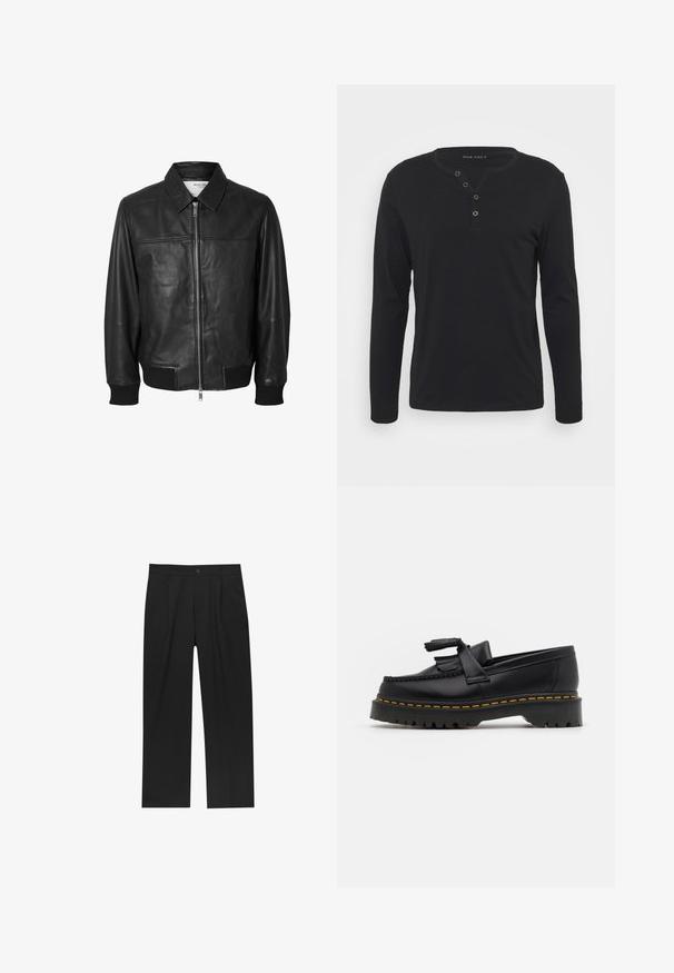 Selected Homme SLHDEON JACKET - Skinnjacka - black; Svart långärmad henley-tröja gjord av mjukt tyg, med knappslå, rund halsringning och åtsittande ärmar.; Svarta byxor med rak ben-design, tillverkade av ett jämnt tyg. Har framfickor och en enkel knapplåsning i midjan.; Svart läderloafer med en tofsdetalj, med en kraftig svart sula och gul söm längs kanten. Strukturerad yta.