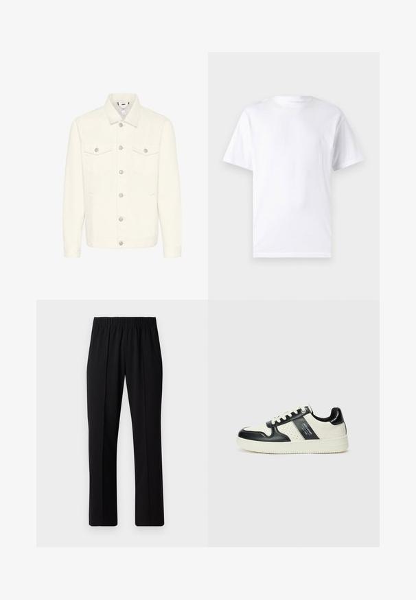 Fehér farmerdzseki, galléros nyakkal, elöl gombos záródással és két mellzsebbel. Sima felület, hosszú ujjú, ezüst színű fém kiegészítőkkel.; Fehér, rövid ujjú póló, pamutból készült, kerek nyakkivágással, sima textúrával és egyszerű, minták vagy díszítések nélküli kivitelben.; Fekete, gumíros derekú nadrág egyenes szabással, sima felülettel, látható minták vagy fémrészek nélkül.; Fekete és krém színű bőrsneaker, perforált díszítésekkel, párnázott bokapánttal és texturált talppal.