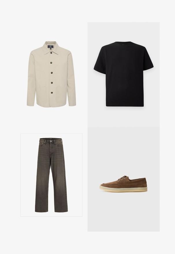 Beżowa kurtka wykonana z bawełny, z kołnierzykiem, zapięciem na guziki i dwoma przednimi kieszeniami. Gładka tekstura z brązowymi guzikami.; Czarna koszulka z krótkim rękawem, wykonana z teksturowanej tkaniny, z okrągłym dekoltem i luźnym krojem. Prosta, bez wzorów i akcentów.; Szerokie dżinsy w ciemnoszarym denimu, z wysokim stanem, klasycznym pięciopocketowym wzorem i kontrastowym przeszyciem wzdłuż szwów.; Brązowe zamszowe buty o niskim profilu, sznurowanym designie, gumowej podeszwie i kontrastowych detalach w szwie. Prosty i funkcjonalny styl.