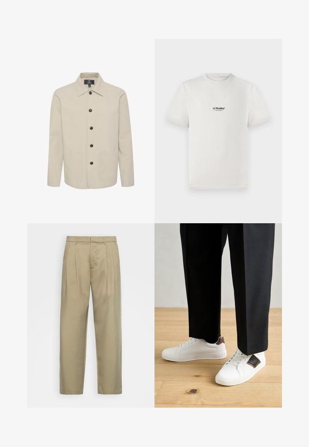 Bežinė medvilninė striukė su apykakle, mygtukų uždarymu ir dviem priekinėmis kišenėmis. Lygus paviršius su rudos spalvos mygtukais.; Balta medvilnė marškinėliai su trumpomis rankovėmis, kuriuose yra juodas "JJ Studios" logotipas krūtinėje. Apvalus kaklas ir standartinės fasono dizainas.; Šviesiai rudos, aukšto liemens kelnes su tiesia kirpimu, su plokščiu priekiniu paviršiumi, šoninėmis kišenėmis ir lygiu, tekstūruotu audiniu.; Balti sportbačiai su glotnia danga, puošti rudais odiniais akcentais ir juodais detalėmis, derinami su juodais pritaikytais kelnėmis. Medinių grindų fonas.
