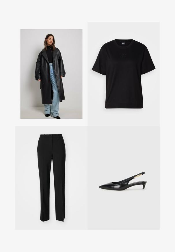 Svart läder trench coat med en stor krage, dubbelknäppt fram, och uppvikt ärm, i kombination med ljusblå utsvängda jeans.; Svart bomullströja med rund halsringning, korta ärmar och en broderad logotyp på bröstet. Enkel, avslappnad passform utan mönster.; Svarta skräddarsydda byxor med rak benform, med en slät yta och skarpa veck fram. Ingen synlig hårdvara.; Svart läder slingback-hälar med spetsig tå, med en smal klack och en guldtonad detalj på den justerbara remmen. Slät textur.