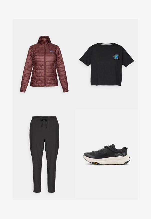 Czerwono-bordowa, pikowana kurtka damska z kapturem, z pełnym zamkiem błyskawicznym i kieszeniami po bokach, z logo Patagonia na piersi.; Czarna bawełniana koszulka z krótkim rękawem z okrągłym, wielokolorowym logo na piersi. Prosty dół i luźny krój.; Czarne dresowe spodnie z elastycznym paskiem, detalami w postaci sznurka oraz bocznymi kieszeniami. Wykonane z gładkiego, lekkiego materiału.; Czarne buty sportowe z oddychającą siateczką, gumową podeszwą, białą wkładką amortyzującą i odblaskowymi sznurowadłami. Logo Vibram na podeszwie.