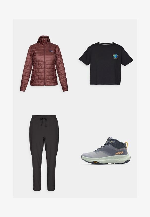 Czerwono-bordowa, pikowana kurtka damska z kapturem, z pełnym zamkiem błyskawicznym i kieszeniami po bokach, z logo Patagonia na piersi.; Czarna bawełniana koszulka z krótkim rękawem z okrągłym, wielokolorowym logo na piersi. Prosty dół i luźny krój.; Czarne dresowe spodnie z elastycznym paskiem, detalami w postaci sznurka oraz bocznymi kieszeniami. Wykonane z gładkiego, lekkiego materiału.; Szare buty turystyczne HOKA z teksturowanym wierzchem, syntetycznymi akcentami i jasnoszarym środkowym podbiciem. Wyposażone w podeszwę Vibram dla lepszej przyczepności.