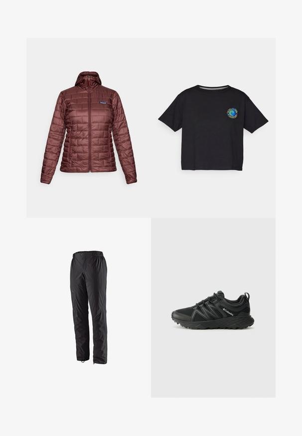 Naisellinen viininpunainen tikattu hupputakki, jossa on täysi etuvetoketju ja sivutaskut, Patagonia-logo rinnassa.; Mustat puuvillaiset lyhythihaiset T-paidat, joissa on pyöreä monivärinen logo rinnassa. Suora helma ja rento istuvuus.; Mustat vedenpitävät housut, joissa on joustava vyötärö, sivutaskut vetoketjulla, kapenevat lahkeet ja sileä rakenne. Sopivat ulkoilmaaktiviteetteihin.; Columbia PEAKFREAK - Vaelluskengät - black