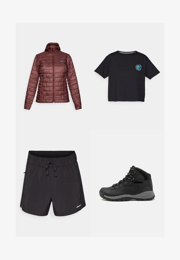 Ženska tamnocrvena jakna s kapuljačom, podstavljena, s punim prednjim patentnim zatvaračem i bočnim džepovima, logotip Patagonia na prsima.; Crna pamučna majica s kratkim rukavima s okruglim višebojnim logotipom na prsima. Ravni rub i opušteni kroj.; Crne kupaće hlače od lagane tkanine, s elastičnim pojasom, špagom i bočnim džepovima za funkcionalnost.; Crne planinarske čizme s dizajnom srednjeg vrha, sa teksturiranim gornjim dijelom, sivim akcentima i izdržljivom gumom potplatom s uzorkom za prianjanje.