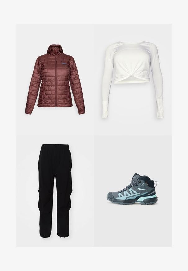 Giacca a cappuccio trapuntata da donna color bordeaux con zip frontale completa e tasche laterali, logo Patagonia sul petto.; lululemon SWIFTLY TECH LONG SLEEVE - Maglietta a manica lunga - white/white; Pantaloni neri da esterno realizzati in materiale resistente, con vestibilità rilassata, cintura elastica e polsini regolabili per lunghezza adattabile.; Scarpa da trekking a metà altezza di colore grigio scuro con accenti azzurri. Presenta una tomaia testurizzata, punta rinforzata e una suola robusta per garantire aderenza.
