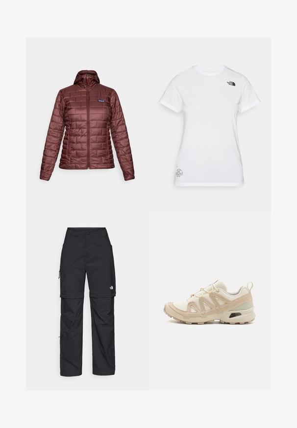 Jachetă cu glugă căptușită în nuanță de vișiniu pentru femei, cu fermoar pe toată lungimea și buzunare laterale, logo-ul Patagonia pe piept.; Tricou din bumbac alb cu un logo negru pe pieptul stâng și un design grafic gri în colțul din dreapta jos. Guler clasic și mâneci scurte.; Pantaloni cargo din nylon negru, cu fermoar detașabil, manșete ajustabile, multiple buzunare și un logo pe piciorul drept. Textură netedă și ușoară.; Pantofii sport bej și crem au un superior din plasă texturată, suprapuneri de susținere și o talpă din cauciuc cu un model de profil pentru aderență.