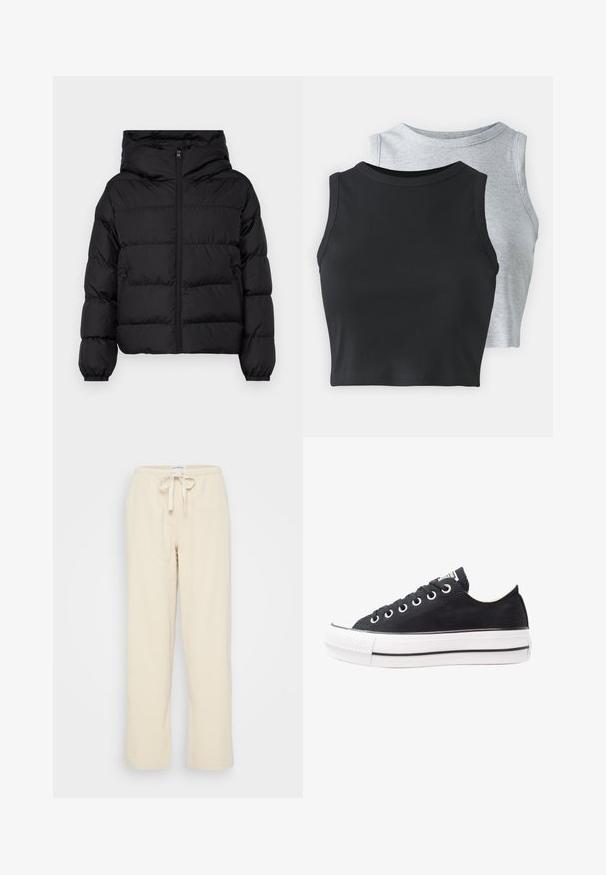 Juodas pūkinis švarkas su gobtuvu; turi užtrauktuką priekyje, elastingas rankoves ir šonines kišenes; siuvinėtas dizainas su lygiu paviršiumi.; Even&Odd Petite 2 PACK - Viršus - light grey/black; Even&Odd Petite Kelnės - beige; Juodas drobės sportbačių modelis su baltu gumuotu padu, apvalia nosimi, žemo profilio dizainu, metalinėmis akytėmis ir tekstūruotu priekiniu kraštu. Plona juoda juostelė palei padą.
