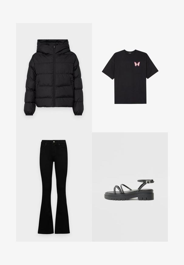 Crna pufferska jakna s kapuljačom; sadrži prednji zatvarač, elastične manžete i bočne džepove; čvrst dizajn s glatkom završnom obradom.; Crna pamučna majica s kratkim rukavima, s malim grafičkim prikazom ružičaste vjetricaste s desne strane na prsima. Dizajn s okruglim izrezom i opuštenim krojem.; Crne traperice viskog struka s kopčanjem na gumb i rajfeslusu, prednjim džepovima i širom nogavicama položene su ravno na bijeloj pozadini.; Crne sandale sa remenčićima i debelim potplatom, s tankim trakama i kopčanjem oko gležnja. Glatka tekstura s robusnim dizajnom potplata.