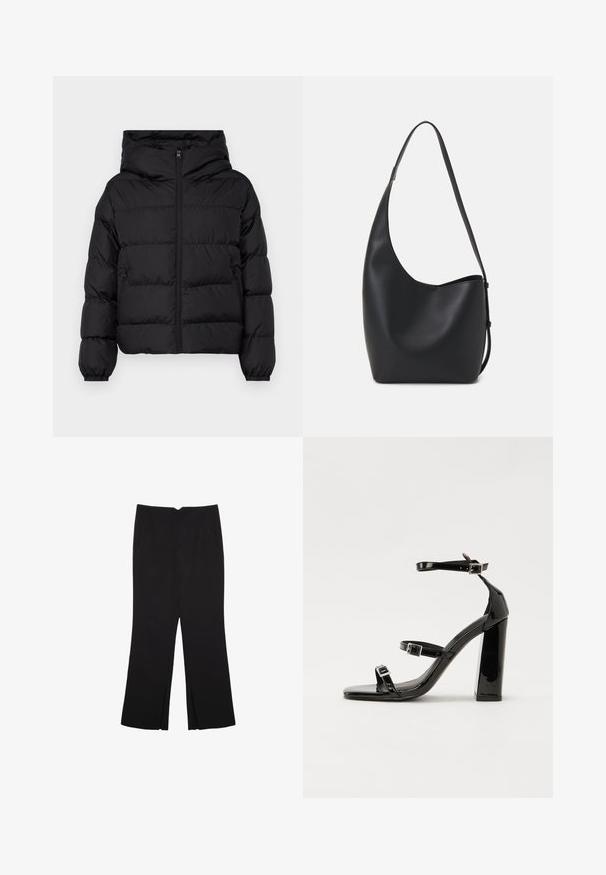 Černá péřová bunda s kapucí; má zip vpředu, elastické manžety a boční kapsy; prošívaný design s hladkým povrchem.; Černé krátké tričko s krátkým rukávem a kulatým výstřihem, jednoduchý design, položeno na bílém pozadí.; Černé kalhoty s rovným střihem, s předními kapsami a bočními rozparky na lemu. Vyrobené z jemné, hladké tkaniny. Vhodné na různé příležitosti.; Černé lakované sandály na podpatku se čtveratou špičkou, lýtkovými pásky a stříbrnými přezkami. Disponují masivním blokovým podpatkem pro stabilitu.; Černá kožená hobo taška s hladkým povrchem, zakřiveným tvarem a jedním nastavitelným popruhem; má široké otevírání nahoře.