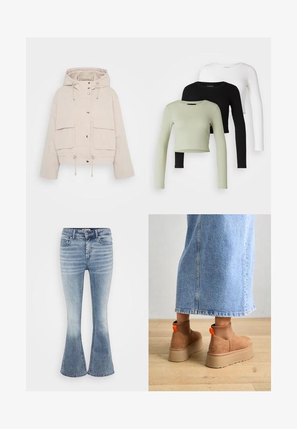 Bežs, īsais mētelis, kas izgatavots no viegla auduma, ir aprīkots ar kapuci, pogām, kas aizveras ar spiedpogu, un divām lielām priekšējām kabatām ar savilcējiem apakšmalā.; Even&Odd Petite 3 PACK - Tops ar garām piedurknēm - black/white/light green; Gaiši zili platā kāju džinsi, kas izgatavoti no denima, ar klasisku piecu kabatu dizainu, priekšējo rāvējslēdzēju un maigu izbalējumu gar augšstilbiem.; Brūni zamšādas platforma zābaki ar elastīgiem sānu paneļiem un oranžām cilpām, apvienoti ar līdz ceļgaliem garu gaišā denima svārku uz koka grīdas.