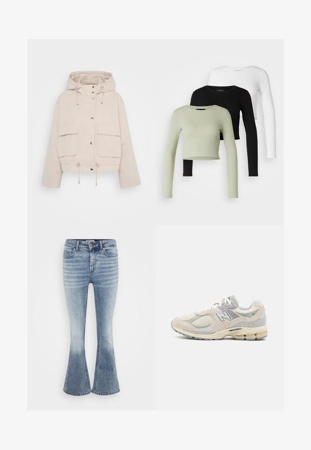 Béžová, skrátená bunda z ľahkého materiálu má kapucňu, zapínanie na patentky a dve veľké predné vrecká s šnúrkami na leme.; Even&Odd Petite 3 PACK - Top s dlhým rukávom - black/white/light green; Svetlo modré rozšírené džínsy vyrobené z denimu, s klasickým päťvreckovým dizajnom, predným zapínaním na zips a jemným vyblednutím pozdĺž stehien.; Svetlosivé a béžové tenisky New Balance z semišu a sieťoviny, s polstrovaným golierom, hrubou podrážkou a reflexnými akcentmi. Viazaný dizajn.