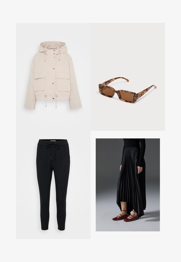 Beige, lühendatud jakk, mis on valmistatud kergest kangast, sisaldab kapuutsi, nööpe ja kahte suurt esikäsi, millel on nöörid allääres.; Even&Odd Petite 3 PACK - Pikkade varrukatega topp - black/white/light green; Mustad, venitatud mustad püksid, mis on valmistatud venivast kangast, millel on nööriga vöökoht, kaks esist pleeti ja sile tekstuur.; Mustmust seelik kõrgema ees- ja madalama taga servaga, kombineeritud läikivate punaste sussidega, millel on rihma kujundus. Kangas on sileda tekstuuriga.; Kilpkonna kestaga prillid, millel on ristkülikukujulised pruuni värvi objektiivid, paks raam ja peened käed, millel on erinevate pruunide toonide muster.