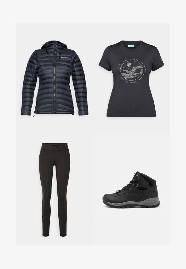 Zwarte geïsoleerde jacket met een capuchon, met een doorgestikt ontwerp, ritsluiting en Columbia-opdruk op de borst. Soepele textuur, lichtgewicht.; Zwarte Columbia t-shirt met witte cirkelvormige lijntekening van bergen en een rivier en de tekst "Columbia Sportswear Company Outside Since 1938."; Zwarte leggings met een hoge tailleband, een trekkoord, een gladde textuur en een aansluitend ontwerp. Kenmerkt zich door stikseldetails langs de zijkanten.; Zwarte wandelschoen met een mid-top ontwerp, voorzien van een gestructureerde bovenkant, grijze accenten en een duurzame rubberen zool met gripnoppen.