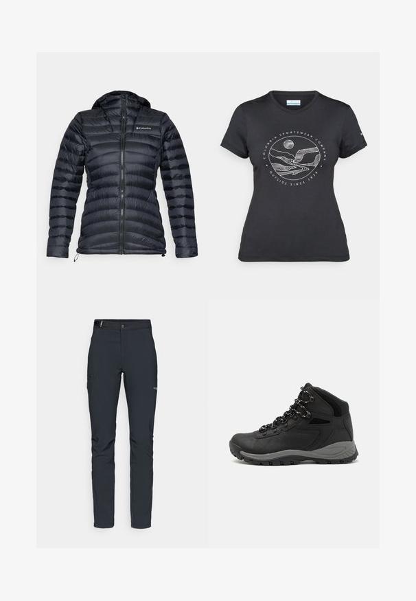 Svart isolerad jacka med huva, med ett quiltat mönster, dragkedjestängning och Columbia-logotyp på bröstet. Slätt tyg, lättvikts.; Svart Columbia-t-shirt med vit cirkulär linjekonst av berg och flod samt texten "Columbia Sportswear Company Outside Since 1938."; Herrernas utomhusbyxor, mörkgrå, tillverkade av flexibelt material, med ett bälte, zip-fickor och förstärkt sömnad.; Svart vandringskänga med mellanhög design, som har en texturerad överdel, grå accenter och en slitstark gummisula med greppklackar.