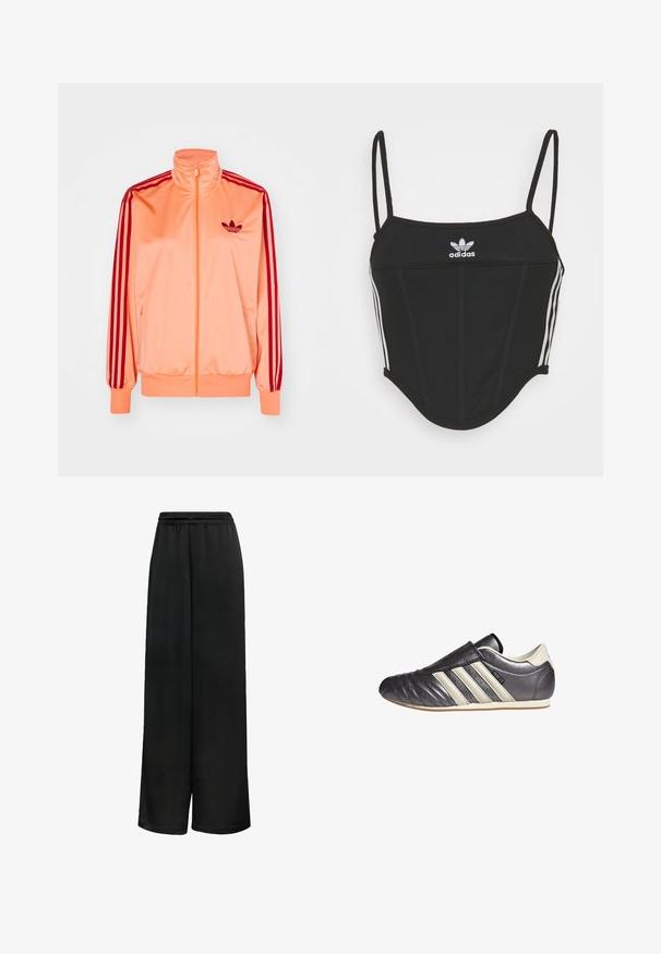 Casaco de pista em satin rosa com gola alta, detalhes em vermelho com três riscas nas mangas e um pequeno logótipo preto no peito.; Top crop preto canelado com alças finas ajustáveis, apresentando três riscas brancas nas laterais e um pequeno logótipo branco da Adidas ao centro.; Calças largas pretas feitas de tecido suave, com uma cintura elástica e um corte solto para conforto. Sem padrões ou detalhes distintos.; Sapatilha atlética em couro preto e cinza, com biqueira arredondada, design tipo slip-on e três riscas brancas de destaque na lateral. Sola de borracha plana.
