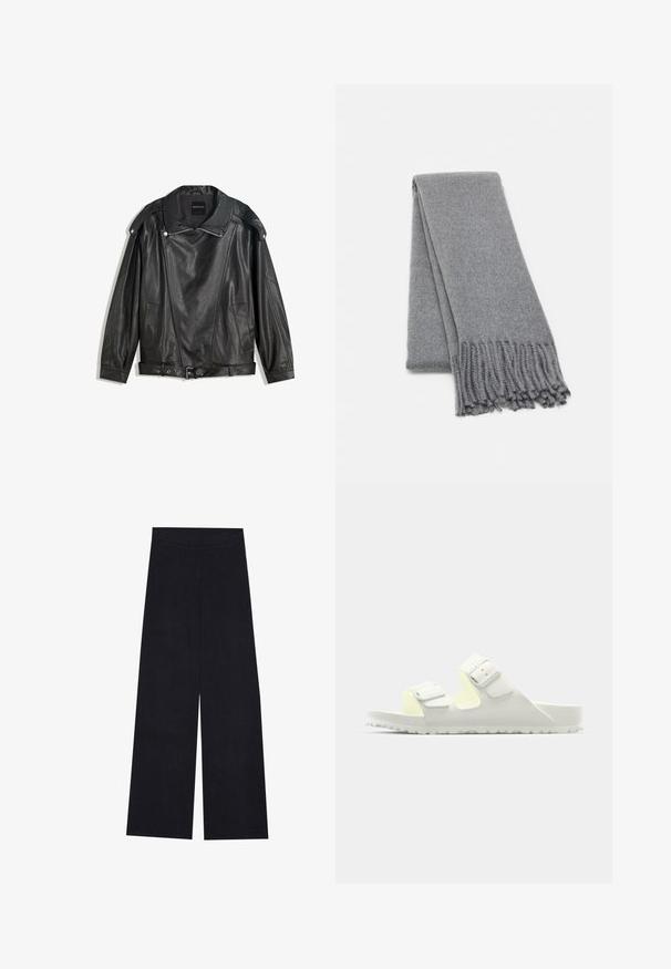Černá bundička z umělé kůže ve stylu motorkářské bundy s detaily na zip, páskem v pase, ramenními epauletami na cvok a předními kapsami, položená na plocho.; Světle šedé tričko s dlouhým rukávem vyrobené z měkké bavlny. Má volný střih, kulatý výstřih a jemně nařasené manžety. Bez vzorů nebo grafik.; Kalhoty s širokými nohavicemi v tmavě navy s vertikálním žebrovaným vzorem. Mají hladký pás a rovný střih, který poskytuje uvolněný fit.; Bílé plážové sandály vyrobené z měkkého materiálu, s dvěma nastavitelnými pásky na přezky, strukturovanou stélkou a mírně zvýšenou podrážkou.; Šedý vlněný šál s jemnou texturou, zdobený třásněmi a jednoduchým designem. Pečlivě složený, ukazuje svůj prodloužený tvar.