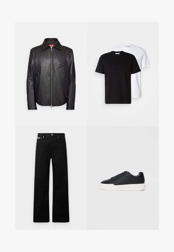 Svart läderjacka med krage, dragkedjestängning fram och en dragkedjeförsedd bröstficka. Slät yta och skräddarsydd passform.; Två enkla bomulls T-shirts, en svart placerad framför en vit, båda med korta ärmar och rund halsringning.; Svarta denimbyxor med en vid bendesign, som har fem fickor och metallknappar. Slät textur, inga synliga mönster.; Svart sneaker med geometrisk struktur på sidan, slät tåparti och en vit gummisula. Har runda snören och en låg design.