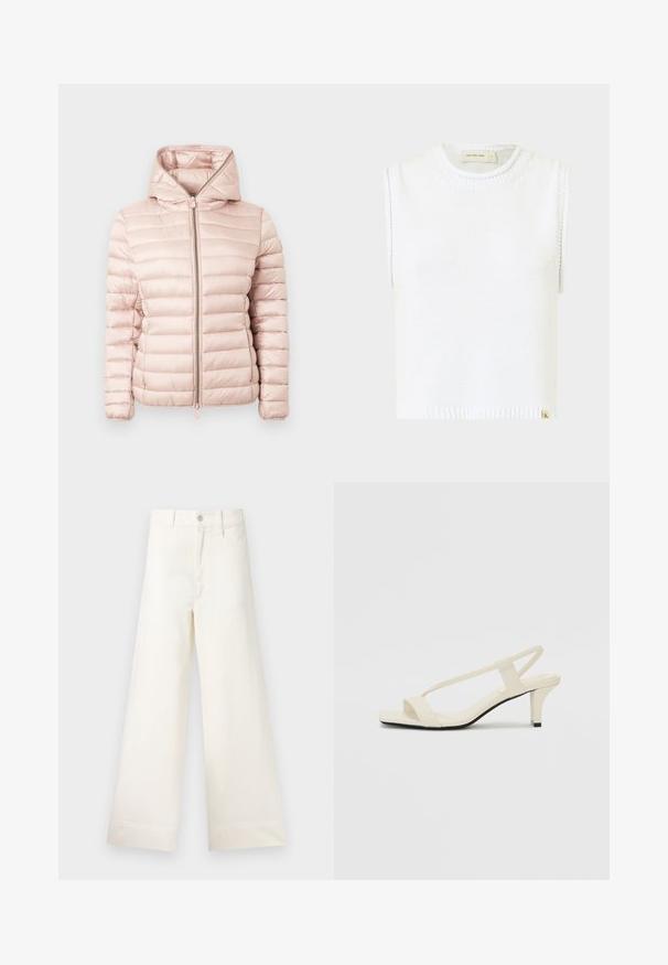 Prešívaná bunda v jemnej ružovej farbe so štýlovou kapucňou, zapínaním na zips a rebrovanou textúrou s horizontálnym prešívaním po celej látke.; Biely bezrúchový pletený top s okrúhlym výstrihom, rebrovaným lemom a bočnými švami; má malú označkovanú etiketu na spodnej časti.; Široké nohavice z ľahkej béžovej bavlny. Majú vysoký pás, predné vrecká a rovný strih. Čisté ukončenie bez vzorov.; Béžové sandále na blokovom podpätku s tenkými pásikmi a štvorcovou špičkou. Hladký materiál s minimálnym detailovaním, navrhnuté pre ľahké nosenie.
