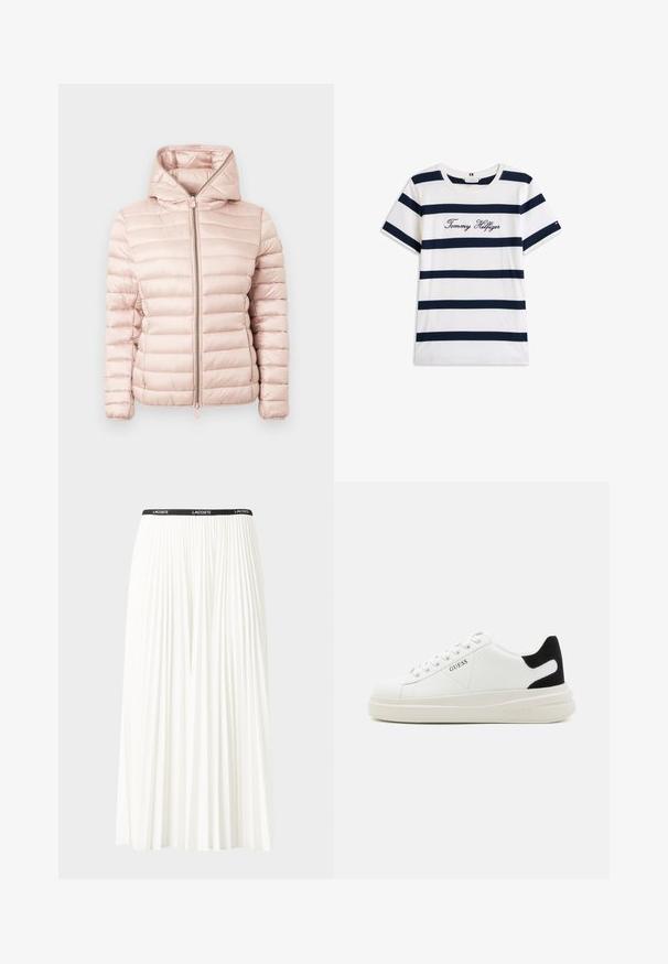 Polstret jakke i blød pink med hætte, lynlåslukning og ribbet tekstur med vandrette syninger på stoffet.; T-shirt i bomuld med vandrette marineblå striber på en hvid baggrund. "Tommy Hilfiger" broderet i kursiv på brystet. Rund hals.; Plisseret hvid nederdel med en sort elastisk talje, der har "LACOSTE"-logoet. Mellemlang design med blød tekstur.; Hvide lædersneakers med en tyk hvid sål, sort ruskindhælvægt og prægede logoer på siden. Snørebåndsdesign med seks øjer.