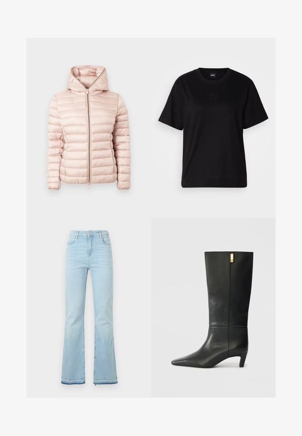 Bunda punjena u mekoj ružičastoj boji s kapuljačom, zatvaranjem na patentni zatvarač i rebrastom teksturom s horizontalnim šavovima na tkanini.; Crna pamučna majica s okruglim izrezom, kratkim rukavima i izvezenim logotipom na prsima. Jednostavan, opušten kroj bez uzorka.; Svijetloplave traperice s širim nogavicama, visokog struka, s prednjim džepovima i sirovim rubom na manžetama za ležeran izgled.; Crne kožne čizme do koljena s šiljastim nosom i malim potpeticom. Imaju elegantan dizajn s detaljima u zlatnoj boji. Glatka tekstura.