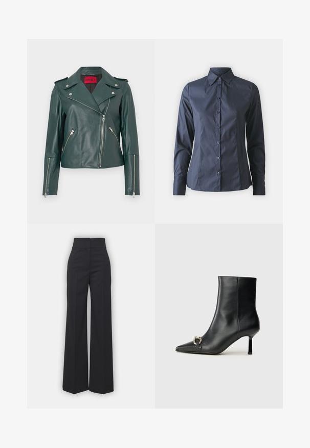 Jachetă biker din piele verde, cu fermoare argintii, epoleți și croială ajustată. Are un guler larg și buzunare laterale înclinate.; Cămașă bleumarin cu mânecă lungă, cu închidere în față prin butoni, guler ascuțit și croială ajustată. Confecționată dintr-un material fin, ușor.; Pantaloni largi din țesătură neagră cu talie înaltă, având o finisare curată și o textură netedă. Fără accesorii vizibile sau modele.; Botine negre din piele, cu vârf ascuțit, toc subțire de înălțime medie și detaliu cu cataramă argintie pe lateral, pe un fundal simplu.