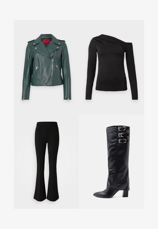 Grüne Leder-Bikerjacke mit silbernen Reißverschlüssen, Schulterklappen und tailliertem Schnitt. Verfügt über einen breiten Kragen und schräg angesetzte Seitentaschen.; Schwarzes langärmliges Oberteil mit asymmetrischem Ausschnitt, eines der Schultern ist frei und sanft drapiert über der Brust.; Schwarze, ausgestellte Hose aus einem dehnbaren Material mit glatter Textur, ausgestattet mit Nahtdetails an der Vorderseite für ein zusätzliches Designelement.; Schwarze knöchelhohe Stiefel aus glattem Kunstleder mit einer spitzen Zehenform, die an der Seite drei silberne Schnallenakzente und einen klobigen Absatz haben.