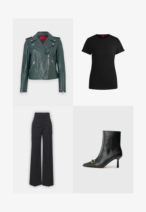 Zelena kožna motoristička jakna sa srebrnim patentnim zatvaračima, epauletama i krojem po mjeri. Izdvaja se širokim ovratnikom i kosim bočnim džepovima.; Crna pamučna majica s kratkim rolanim rukavima, okruglim izrezom i crvenom etiketom. Glatka tekstura, uski kroj s minimalnim detaljima.; Hlače širokih nogavica od crnog materijala s visokim strukom, s čistim završetkom i glatkom teksturom. Bez vidljivog hardvera ili uzoraka.; Crne kožne gležnjače s nazupčanim prstom, uskim srednje visokim potpeticama i detaljem srebrne kopče sa strane na jedinstvenoj pozadini.