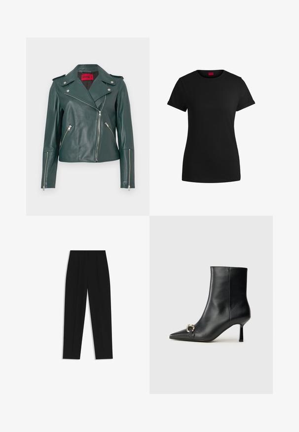 Green leather biker jacket with silver zippers, epaulettes, and a tailored fit. Features a wide collar and angled side pockets.; Black cotton t-shirt with short rolled sleeves, a round neckline, and a red label. Smooth texture, fitted shape with minimal detailing.; Black trousers with a straight fit, featuring double pleats, a smooth texture, and a classic waistband design. No visible hardware or accents.; Black leather ankle boot with pointed toe, slim mid-height heel, and silver buckle detail on side against plain background.