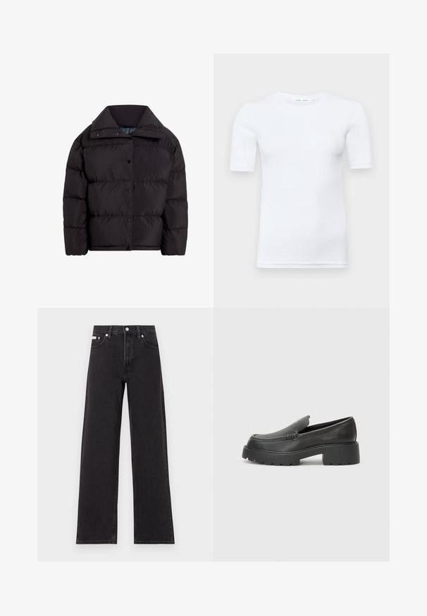 Black puffer jacket with a high collar, featuring a zippered front and snap buttons, made from smooth, insulated fabric with puffed sections.; White short-sleeve t-shirt made of cotton. Features a round neckline and a smooth texture, with minimal stitching visible at the hem.; Black wide-leg jeans made of denim, featuring a high-rise waist, five-pocket styling, and a metal button closure with contrasting stitching.; Black leather loafers with a rounded toe, thick textured sole, and minimal stitching details. Sleek design with no visible laces or hardware.