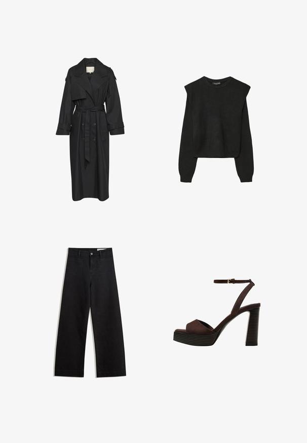 Zwarte trenchcoat met een dubbel-breasted voorkant, brede kraag, ceintuur in de taille en lange mouwen. Gemaakt van soepel, lichtgewicht materiaal.; Zwart gebreid trui met lange mouwen, voorzien van gewatteerde schouders en geribbelde manchetten en onderrand, weergegeven tegen een witte achtergrond.; Zwarte denim broek met wijde pijpen en een hoge taille, voorzien van voor- en achterzakken, gestikte naden en een knoopsluiting. Gladde textuur.; Bruine suède high-heeled sandaal met een open teen, verstelbare enkelband en een gestreepte plateauzool.