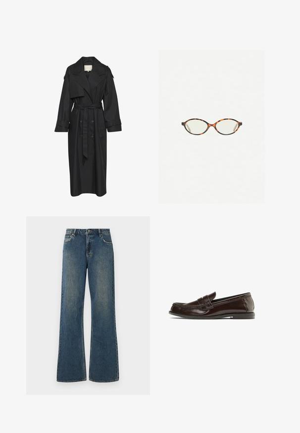 Sort trenchcoat med en dobbeltknappet front, bred krave, belted talje og lange ærmer. Fremstillet af glat, letvægtsstof.; En enkel hvid t-shirt lavet af bomuld med rund halsudskæring, korte ærmer og en afslappet pasform. Glat tekstur uden mønstre eller accentuer.; Bredde ben denim jeans i mellemblå med en falmet finish. Har fem lommer, bæltestropper og en metalknaplukning. Så lavet af bomuldsstof.; Brune læder loafers med en syet detalje over vamps, en lav hæl og en glat finish. Subtil tekstur forbedrer dets polerede udseende.; Skildpaddebriller med ovale linser og en elegant, glat finish. Har tynde sider med en subtil kurve ved tindingerne. Klare linser.; Sort læderhåndtaske med en buet form, justerbare dobbelte håndtag og et guld brandlogo på forsiden. Glat tekstur, minimalistisk design.