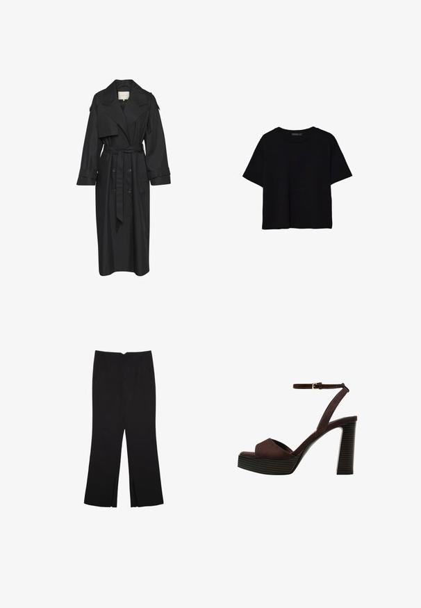 Sort trenchcoat med en dobbeltknappet front, bred krave, belted talje og lange ærmer. Fremstillet af glat, letvægtsstof.; Sort kortærmet crop-top med rund halsudskæring og enkel design lagt fladt på hvid baggrund.; Sorte bukser med lige pasform, der har frontlommer og slidser i kanten. Lavet af blødt, glat stof. Velegnet til forskellige anledninger.; Brune ruskinds højhælede sandal med åben tå, justerbar ankelrem og en stribet plade sål.