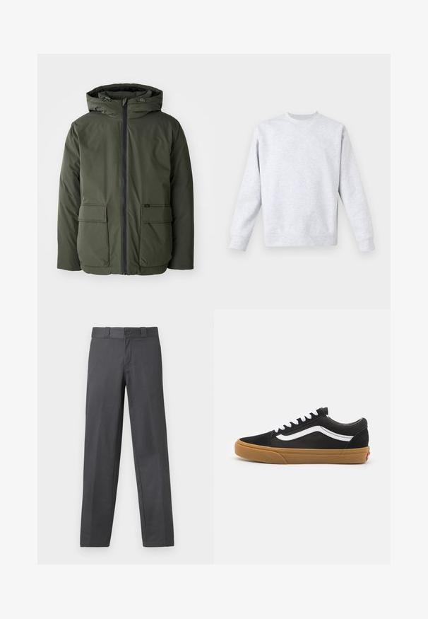 Ελαιοπράσινη μόνωσή τζάκετ με κουκούλα, μπροστινό φερμουάρ και δύο μεγάλες θησαυροθήκες. Κατασκευασμένο από λείο, αδιάβροχο υλικό.; Ανοιχτού γκρι φούτερ φτιαγμένο από μαλακό ύφασμα, με στρογγυλή λαιμόκοψη, μακριά μανίκια και ριμπ μανσέτες και στρίφωμα. Μινιμαλιστικός σχεδιασμός χωρίς σχέδια.; Γκρι παντελόνι φτιαγμένο από λείο ύφασμα, με ευθεία γραμμή, κλείσιμο με κουμπί και θηλιές ζώνης; ελάχιστες ραφές και χωρίς μοτίβα.; Μαύρα σουέτ αθλητικά παπούτσια με λευκή πλευρική γραμμή, λευκές κορδόνες και σόλα από καουτσούκ γκόλφ. Κλασικός σχεδιασμός low-top με υφασμάτινες λεπτομέρειες και στρογγυλή μύτη.
