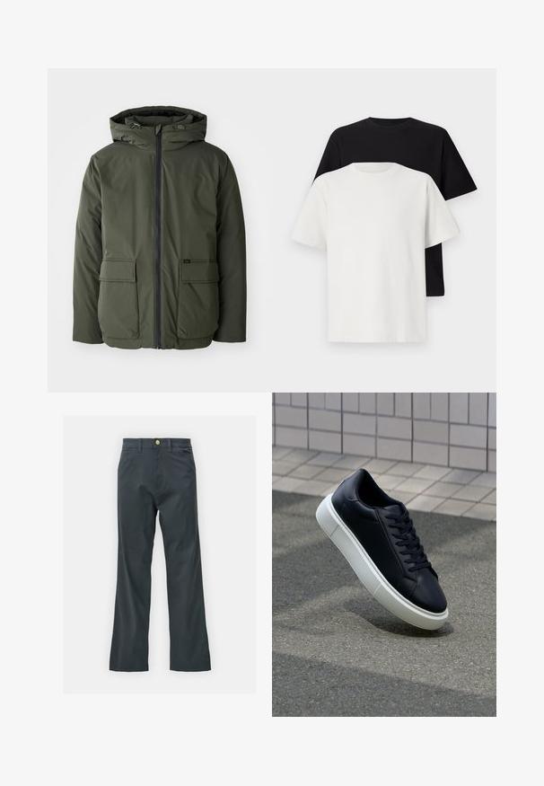 Olīvu zaļš izolēts lietusmētelis ar kapuci, priekšējo rāvējslēdzēju un divām lielām kabatām. Izgatavots no gludas, ūdensizturīgas mākslas.; Kokvilnas T-kreklu komplekts, kas sastāv no melna un baltā T-krekla, abi ar īsām piedurknēm, apaļu kakla izgriezumu un standarta piegriezumu. Faktūras audums.; Melnas bikses ar taisnu kāju griezumu, izgatavotas no kokvilnas maisījuma auduma. Tām ir metāla pogas aizdare un sānu kabatas. Nav redzamu rakstu.; Melnas ādas kedas ar noapaļotu pirkstu un baltu gumijas zoli. Iespējas - plakanas šņorītes un minimāla apdare augšdaļā. Struktūrēta zole, lai nodrošinātu saķeri.