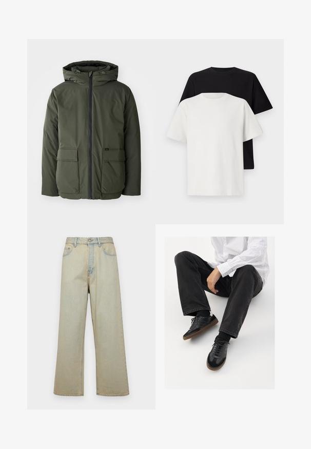 Olivovo zelená izolovaná bunda s kapucňou, predným zipsom a dvoma veľkými vreckami. Vyrobená z hladkého, vodeodolného materiálu.; Bavlnená súprava tričiek, ktorá obsahuje čierne tričko a biele tričko, obe s krátkymi rukávmi, okrúhlym výstrihom a štandardným strihom. Textúrovaná látka.; Svetlomodré široké džínsy vyrobené z denimu s vyblednutým povrchom. Obsahujú päť vreciek a predné zapínanie na gombík.; Čierne tenisky s hladkým a textúrovaným zvrškom, s gumovou podrážkou a tmavými šnúrkami. Kombinované s čiernymi džínsami a bielo-prúžkovanou košeľou.