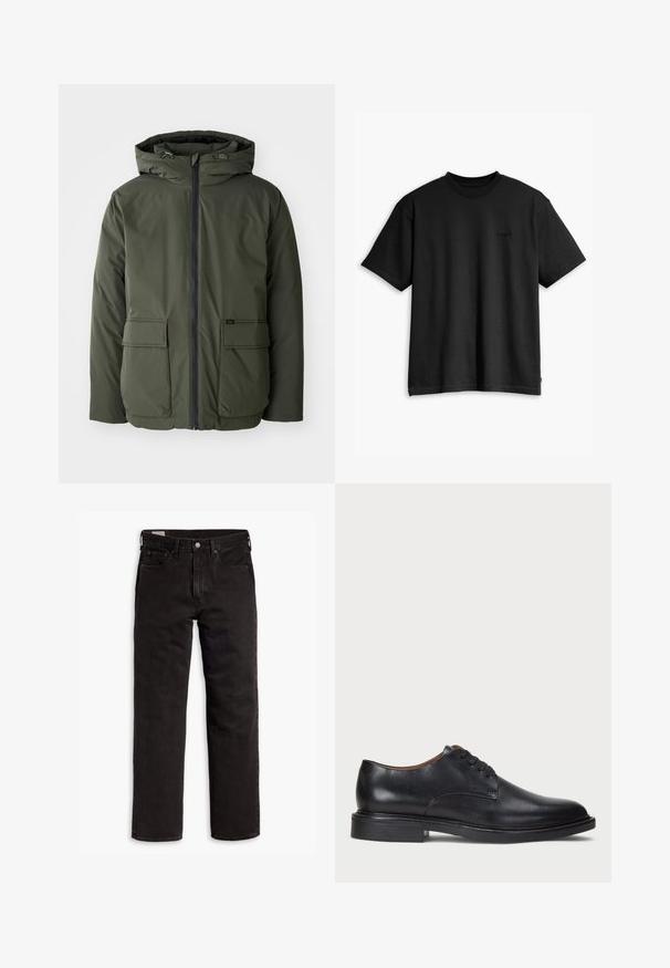 Olivengrønn isolert jakke med hette, frontglidelås og to store påsydde lommer. Laget av glatt, vannavvisende materiale.; Svart bomull T-skjorte med rund hals og korte ermer. Har en subtil logo foran og en rett fald. Enkelt og minimalistisk design.; Svarte rette dongeribukser med fem lommer, knappefeste og beltehemper, lagt flatt på en hvit bakgrunn.; Sorte skinnsko med rund tå, snøring og lav, stablet hæl. Glatt tekstur med minimale sømdetaljer.