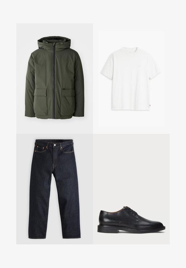 Olivgrön isoleradjacka med huva, framzipper och två stora fickor. Tillverkad av ett glatt, vattenavvisande material.; Vit bomulls t-shirt med korta ärmar, rundad halsringning och subtil Levi's-logotyp tryckt i mitten. Mjuk textur och standard passform.; Mörkblå denimjeans med rak passform, fem fickor, kontrasterande orange sömmar och knappgylf. Inga synliga mönster eller dekorationer.; Svart läderklänningsko med rund tå, snörning och låg staplad klack. Slät yta med minimala sömdetaljer.