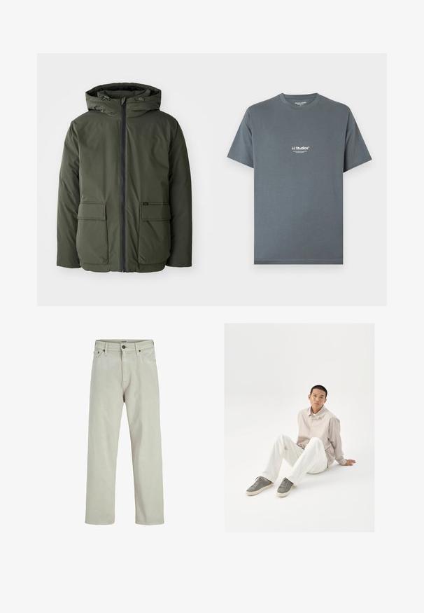 Maslinasto zelena izolirana jakna s kapuljačom, prednjim zatvaračem i dva velika bočna džepa. Napravljena od glatkog, vodootpornog materijala.; Siva pamučna majica s okruglim izrezom. Ima bijeli natpis "JJ Studios" na prsima. Kratki rukavi i opušteni kroj.; Svijetlosmeđi traperice ravnog kroja, s pet džepova i kopčanjem na gumbu u struku, s minimalnim detaljima šivanja.; Bež košulja na dugih rukava, bijele hlače i sive tenisice. Košulja ima slobodan kroj, a tenisice imaju teksturiranu površinu i vezice.