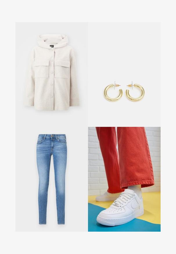 Svetlo béžová bunda s kapucňou vyrobená z mäkkej tkaniny, s dvomi prednými vreckami a zapínaním na cvoky. Rovný strih s dlhými rukávmi.; Olivovo zelený rebrovaný top s dlhým rukávom, ktorý má volánikový stojatý golier a zdobené ramená, vyrobený z elastického materiálu pre priliehavý strih.; Úzke modré denimové džínsy s mierne zvýšeným pásom, predným gombíkom a dizajnom s piatimi vreckami.; Biele kožené tenisky s perforovanou špičkou, textúrovanou podrážkou a bielymi šnúrkami, spárované so širokými červenými nohavicami na modrom a žltom pozadí.; Zlaté kruhové náušnice s hladkým, lesklým povrchom. Cirkulárny dizajn s malým steblom a jasným záznamom pre bezpečné nosenie.