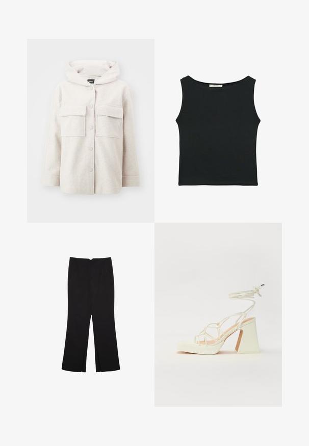 Vaaleanbeige hupputakki, jossa on pehmeä rakenne, kaksi etutaskua ja painonappikiinnitys. Suora leikkaus ja pitkät hihat.; Mustat hihattomat paidat, jotka on valmistettu sileästä kankaasta. Paidassa on pyöreä kaula-aukko ja se on istuva ilman näkyviä kuvioita tai koristuksia.; Mustat housut suoralinjaisella leikkauksella, joissa on etutaskut ja sivurei'ät helman alla. Valmistettu pehmeästä ja sileästä kankaasta. Sopii eri tilaisuuksiin.; Valkoinen korkokenkä, jossa on paksu korko, ja joka sisältää nauhakiinnityksen ja nilkkaketjun. Sujuva pinta, jossa on platform-etupohja lisäkorkeutta varten.