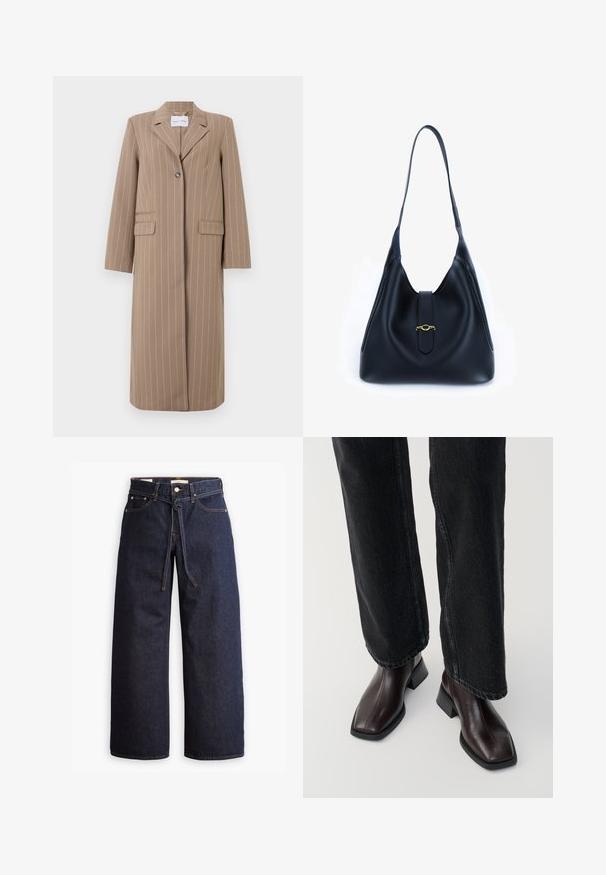 Ruskea raidoitettu pitkä bleiseri, jossa on karhennettu kaulus, yksittäinen nappisulku ja kaksi etutaskua. Sileä kangas ja muotoiltu istuvuus.; Laivastonsininen kauluri pitkähihaisena puserona. Valmistettu pehmeästä kankaasta, jossa on tasainen pinta. Ominaisuuksiin kuuluu muotoiltu malli ja korkea kaulus ilman näkyviä saumoja.; Korkeavyötäröiset tummansiniset leveälahkeiset farkut, joissa on narunauhakuja, viisi taskua ja kontrastiväriset ompeluseikat.; Ruske nahke čevlje do gležnjev s kvadratnim nosom in blok peto, v kombinaciji s črnimi širokimi hlačami. Gladka tekstura in minimalističen dizajn.; Mustat nahkakahvilaukku, jossa on pehmeä ja rento muotoilu. Varustettu litteällä hihnalla ja keskikohdan sulkemisella, jossa on kultainen yksityiskohta.