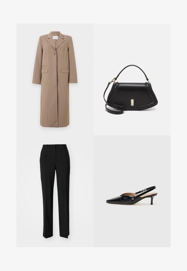 Braun gestreifter langer Blazer mit Reverskragen, einreihigem Knopfverschluss und zwei Fronttaschen. Glattes Material und taillierte Passform.; Schwarzes Baumwoll-T-Shirt mit Rundhalsausschnitt, kurzen Ärmeln und aufgesticktem Logo auf der Brust. Einfacher, lässiger Schnitt ohne Muster.; Schwarze, taillierte Hose mit geradem Bein, aus einem glatten Stoff und mit klaren Falten an der Vorderseite. Keine sichtbare Hardware.; Schwarze Lackleder Slingback-Pump mit spitzem Zehenbereich, kleinem Absatz und einem Ausschnittdesign auf dem Vorderteil. Hardware in Goldton als Akzent an der Seite.; Schwarze Lederhandtasche mit einem strukturierten Design, das eine verkürzte Form, einen oberen Griff und goldfarbene Hardware-Details aufweist. Verstellbarer Schulterriemen ist enthalten.