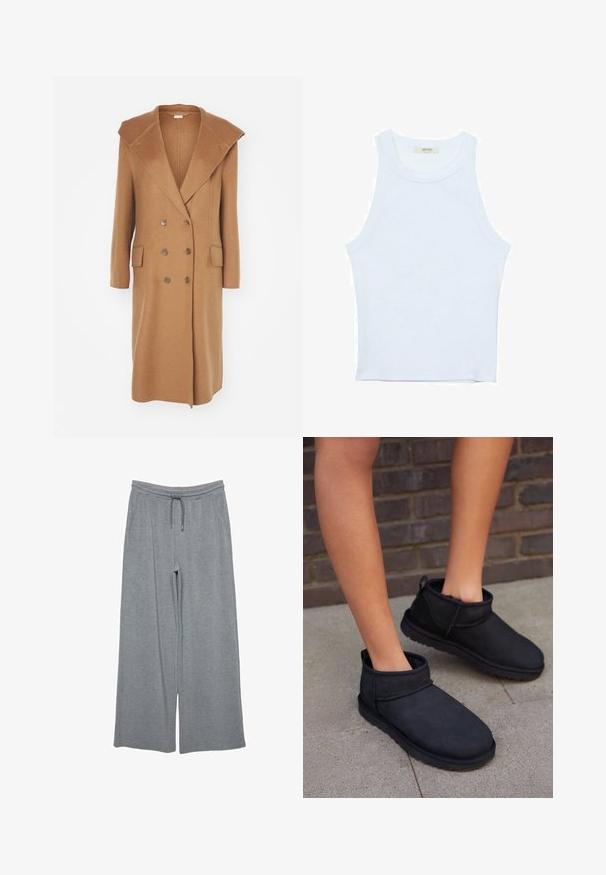 Kamelfarvet dobbeltbrystet uldfrakke med oversized krave, to forlommer og store brune knapper. Blød tekstur og knælængde design.; Hvid tanktop, ribbet tekstur, rund halsudskæring, ærmeløs design, tætsiddende form, diskret branding på mærket inden i kraveområdet.; Grå bredbensbukser lavet af blødt stof, med en elastisk talje og snor samt sidelommer. Glat tekstur, ingen mønstre.; Sorte ankelstøvler i ruskind med en blød indre foring. Har en rund tå og en flad, struktureret sål.