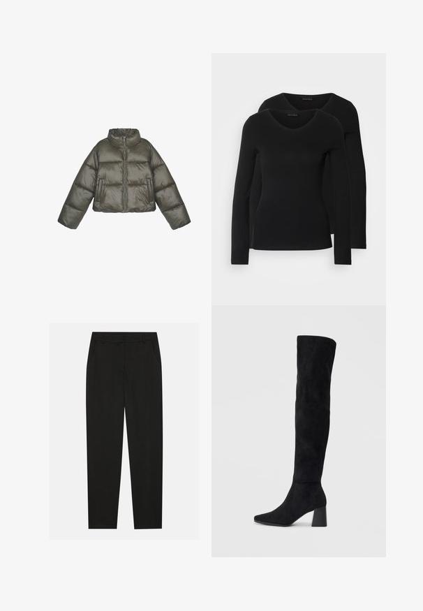 Jachetă pufoasă de culoare verde măsliniu cu guler înalt, închidere cu fermoar și croială supradimensionată. Prezintă panouri cusute și două buzunare frontale.; Două cămăși negre cu mâneci lungi și decolteu în V, fabricate dintr-un material moale și elastic, cu o textură netedă și o formă ajustată.; Pantaloni negri cu un design croit, dotati cu buzunare laterale si un croi drept. Fabricati dintr-un material neted, usor, cu un finisaj elegant.; Cizme negre din suede, cu toc bloc, vârf ascuțit și un design neted, fără cusături, pe un fundal deschis.