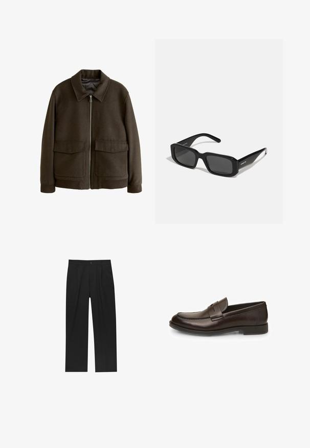 Hnedý kabát z vlnenej zmesi s predným zipsom, širokým golierom, dvoma veľkými prednými vreckami a rebrovanými manžetami a spodným lemom. Hladká podšívka.; Čierny pletený sveter s vysokým golierom, dlhými rukávmi a rebrovanými manžetami a spodným okrajom, s hladkou textúrou a klasickým siluetou.; Čierne nohavice s rovnými nohavicami, vyrobené z hladkej tkaniny. Majú predné puky a jediné gombíkové zapínanie v páse.; Hnedé kožené mokasíny s hladkou textúrou, okrúhlou špičkou a šitými detailami. Majú nízky, vrstvený podpätok a dizajn na obúvanie.; Arnette THEKIDD UNISEX - Slnečné okuliare - black; Hodinky Timex s bielym ciferníkom, čiernymi arabskými číslicami a zlatým puzdrom. Majú hnedý kožený remienok s krokodílovou embosáciou a okienkom na dátum.