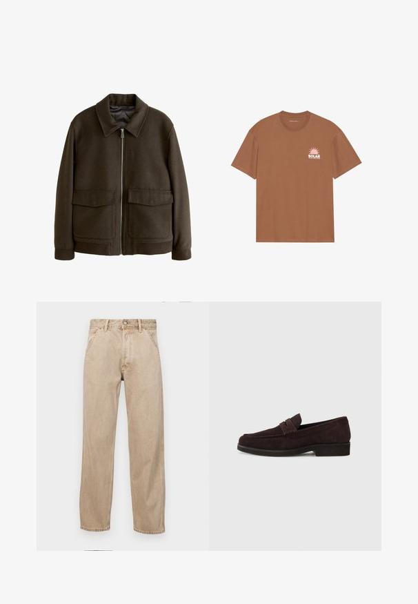 Brūns vilnas maisījuma mētelis ar rāvējslēdzēju priekšā, izplatītu apkakli, divām lielām priekšējām kabatām un ribotām aprocēm un apakšmalu. Gluda iekšējā oderējums.; Brūna īsām piedurknēm T-krekls, kas izgatavots no kokvilnas, ar rozā saules grafiku un tekstu "SOLAR" uz kreisā krūšu daļas. Ar apaļu kakla izgriezumu.; Beige džinsi ar taisnu kāju dizainu, ar priekšējiem kabatām, metāla pogu aizdari un smalku faktūru.; Brūni zamšaini loferi ar zemu profilu un apaļu purngalu. Iespējo dekoratīva josta pāri augšdaļai, plakana gumijas zole un nav redzama šuvuma.